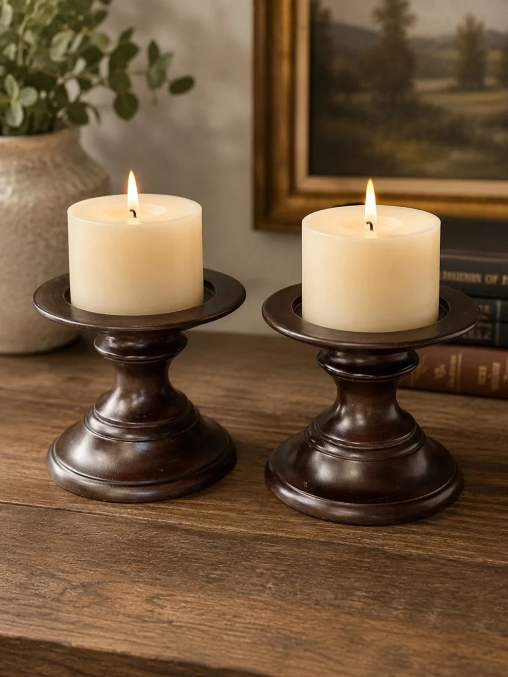 Pottery Barn Vintage Turned Wood Pillar Candle Holders Set of 2 Espresso 5.25”